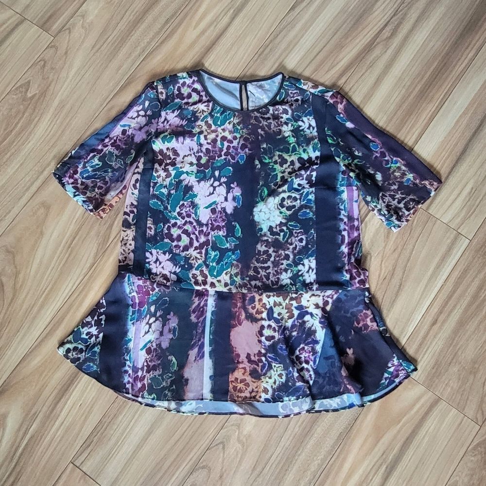 Clover Canyon Half Sleeve Peplum Blouse in Navy Neon Floral Animal Stripe Print